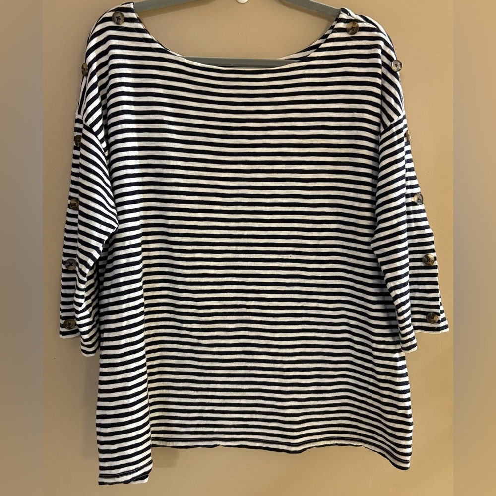 Talbots 1X Navy Blue and White Striped 3/4 Sleeve Top